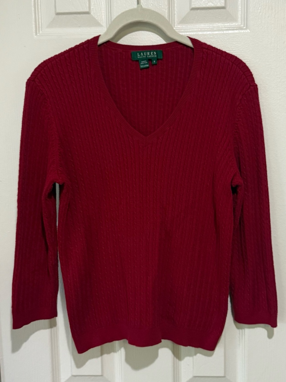 Ralph Lauren Women's V-Neck Ribbed Sweater — Deep Red 3/4 sleeves 100% Cotton